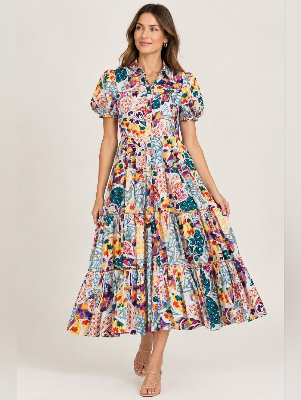 Diane von Furstenberg DVF Colorful Printed Tiered Shirt Dress